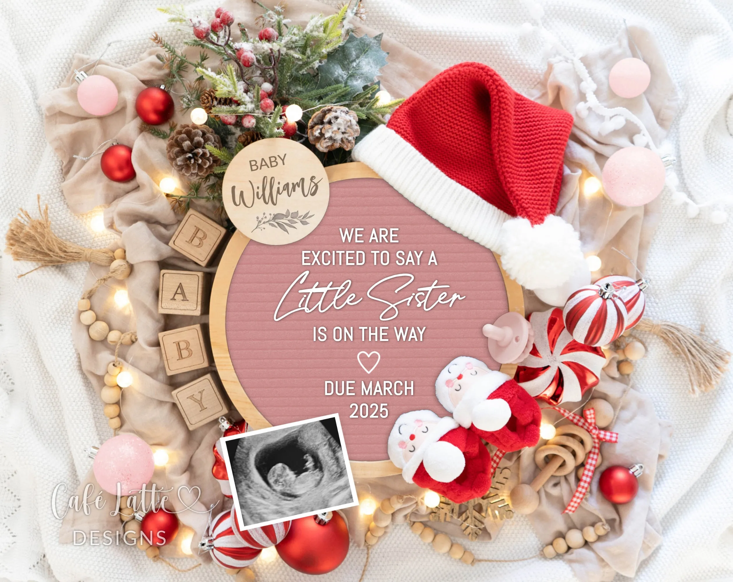 Christmas Baby Girl Digital Gender Reveal - Santa Pink Board - Sister