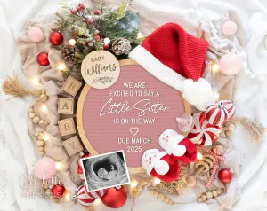 Christmas Baby Girl Digital Gender Reveal - Santa Pink Board - Sister