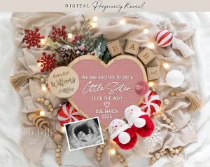 Christmas Little Sister Digital Gender Reveal - Pink Heart Letter Board