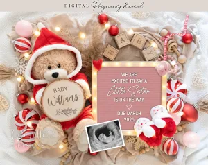 Christmas Little Sister Digital Gender Reveal - Santa Teddy Bear