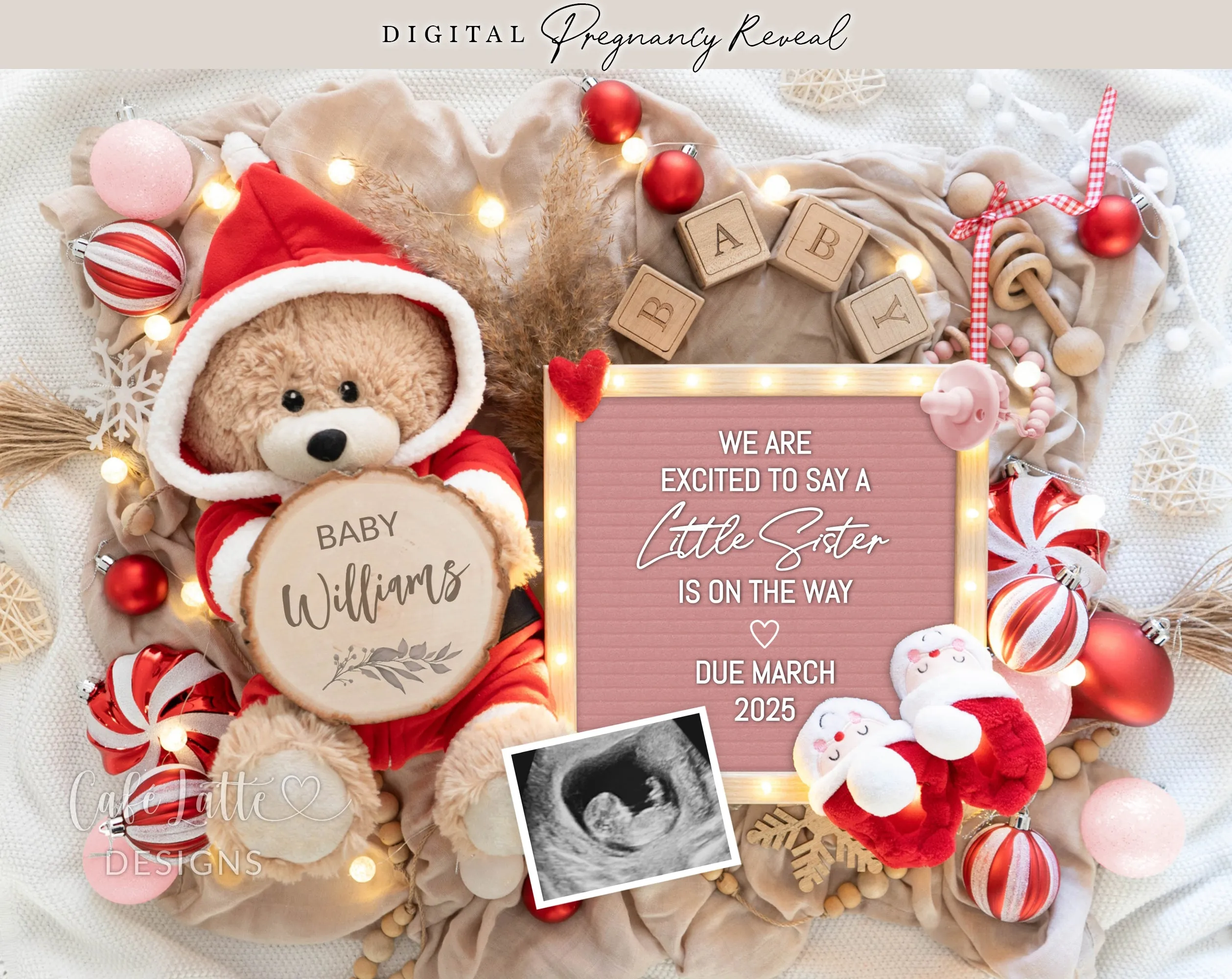 Christmas Little Sister Digital Gender Reveal - Santa Teddy Bear