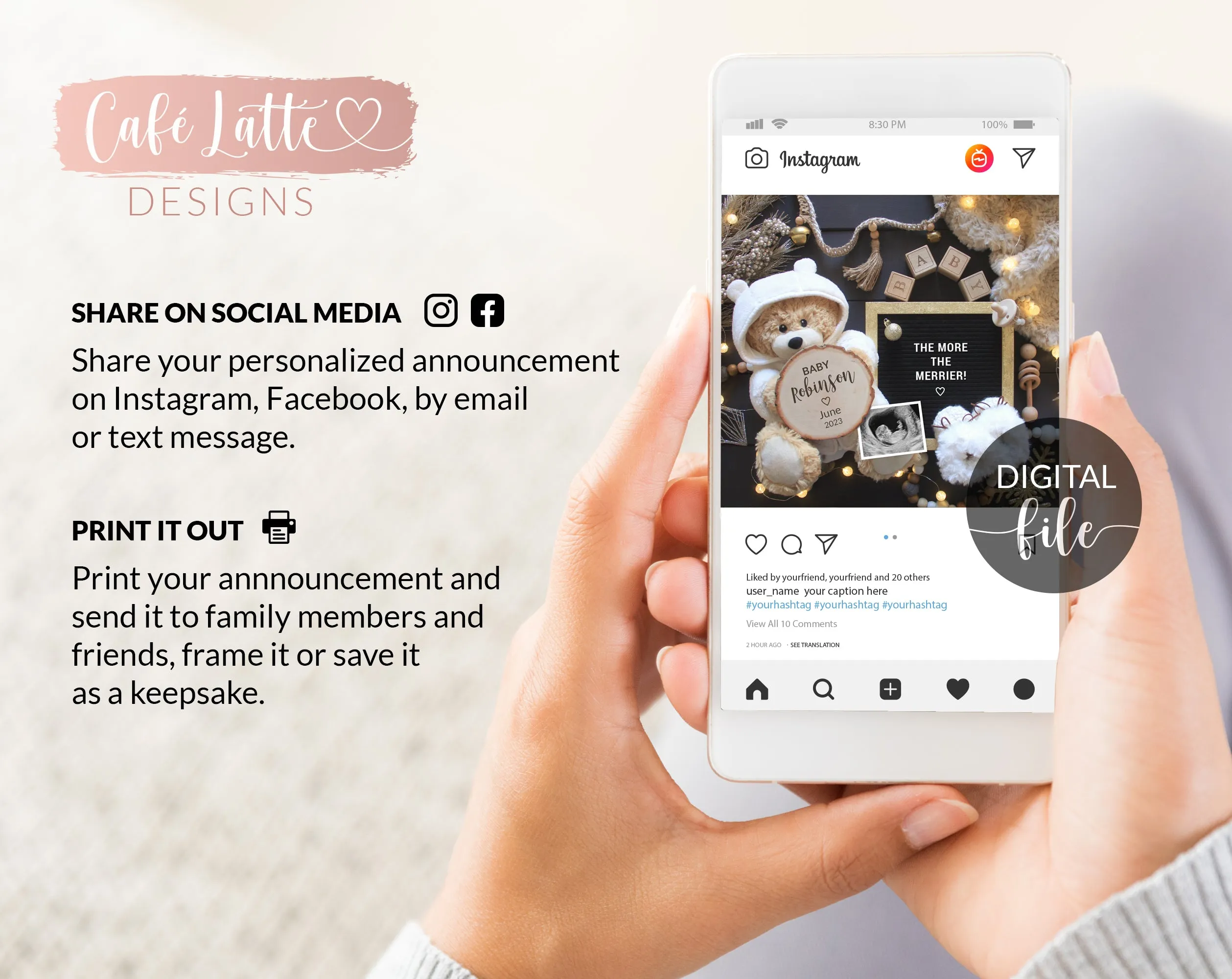 Digital Christmas Pregnancy Announcement Social Media, Black Gold Classy Baby Reveal, One More Reason to be Merry, December Winter Boho Idea