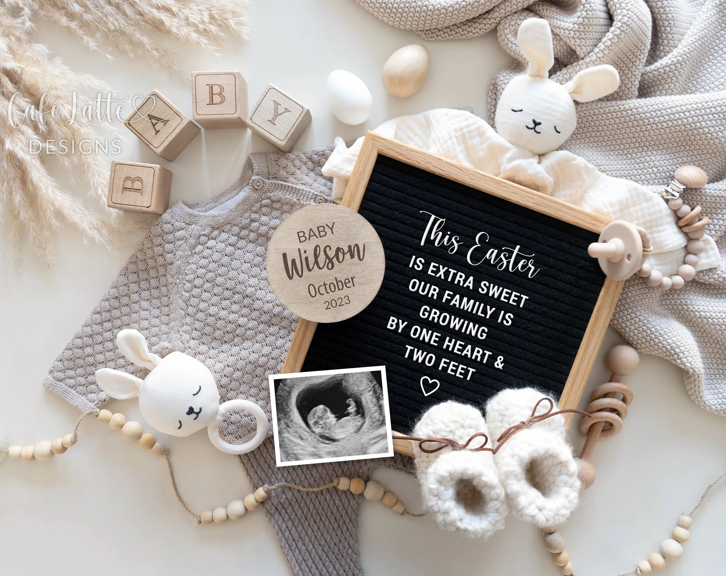 Easter Baby Announcement Digital Reveal With Bunny Rabbits And Eggs