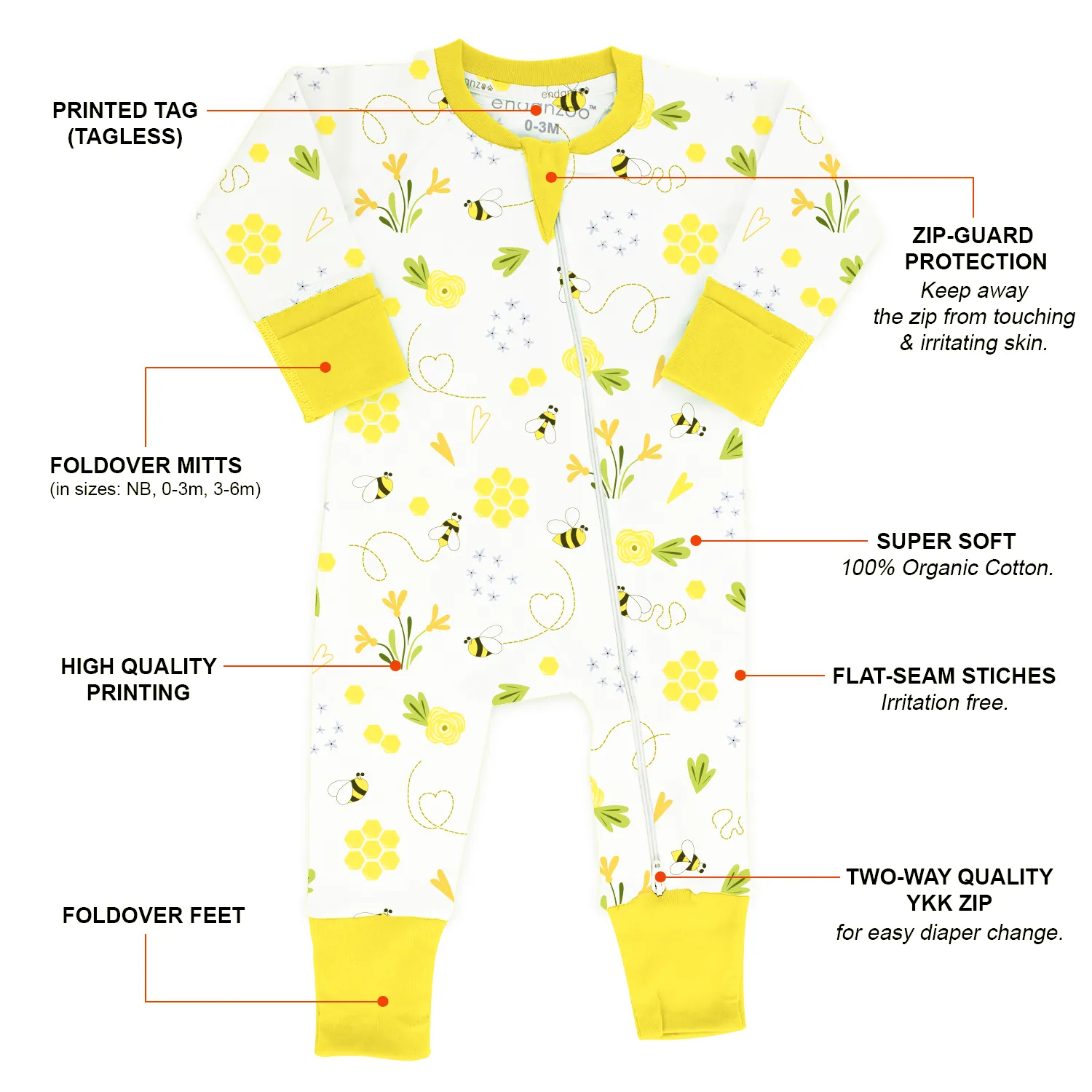 Endanzoo Organic Long Sleeve Double Zippered Romper - BumbleBee