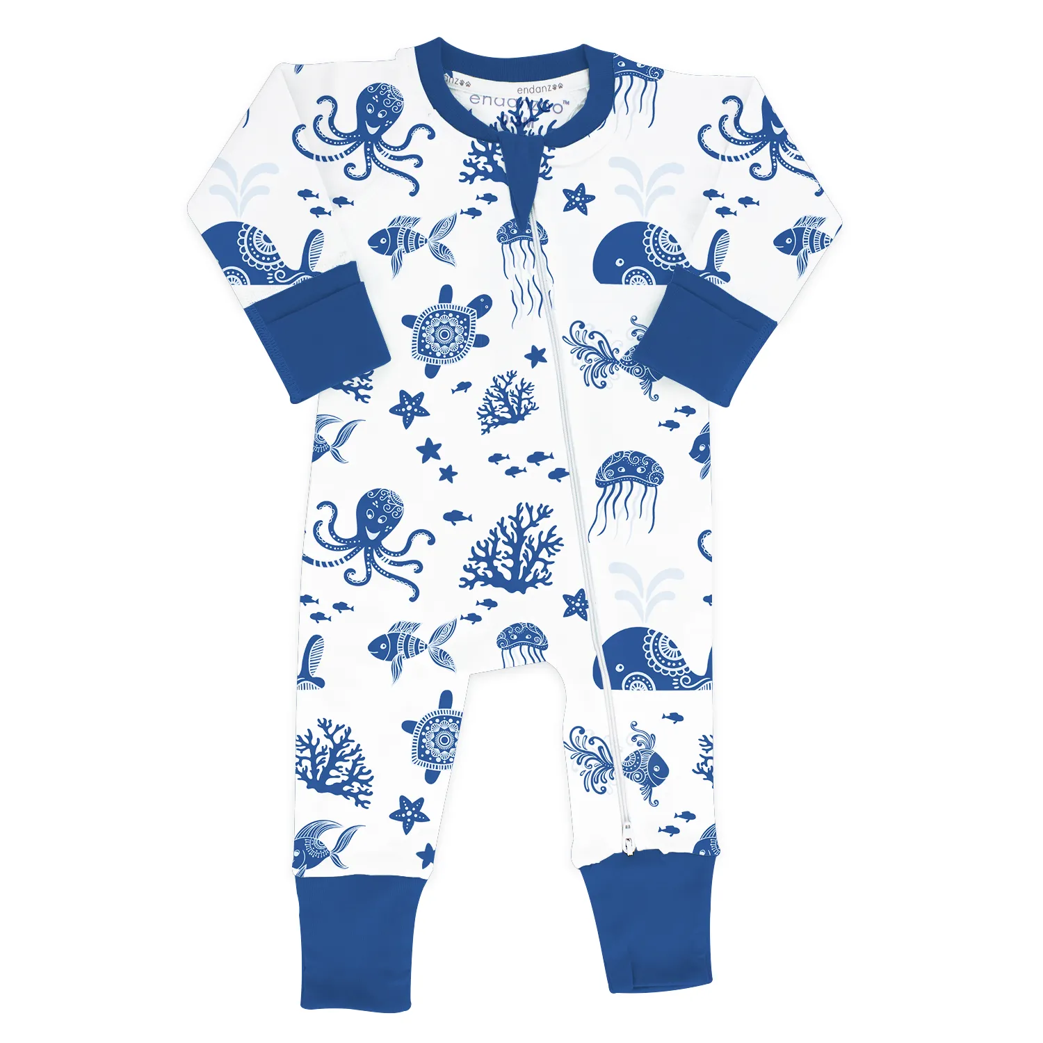 Endanzoo Organic Long Sleeve Double Zippered Romper - Deep Sea