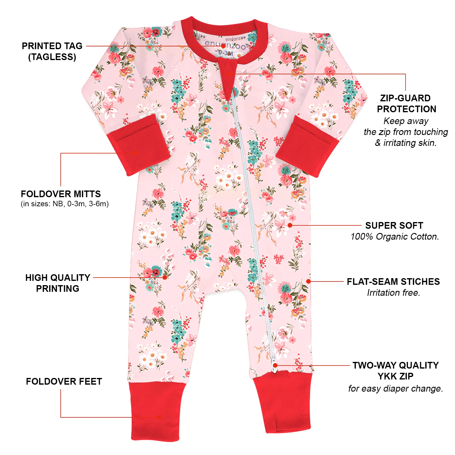 Endanzoo Organic Long Sleeve Double Zippered Romper - Pink Blossom