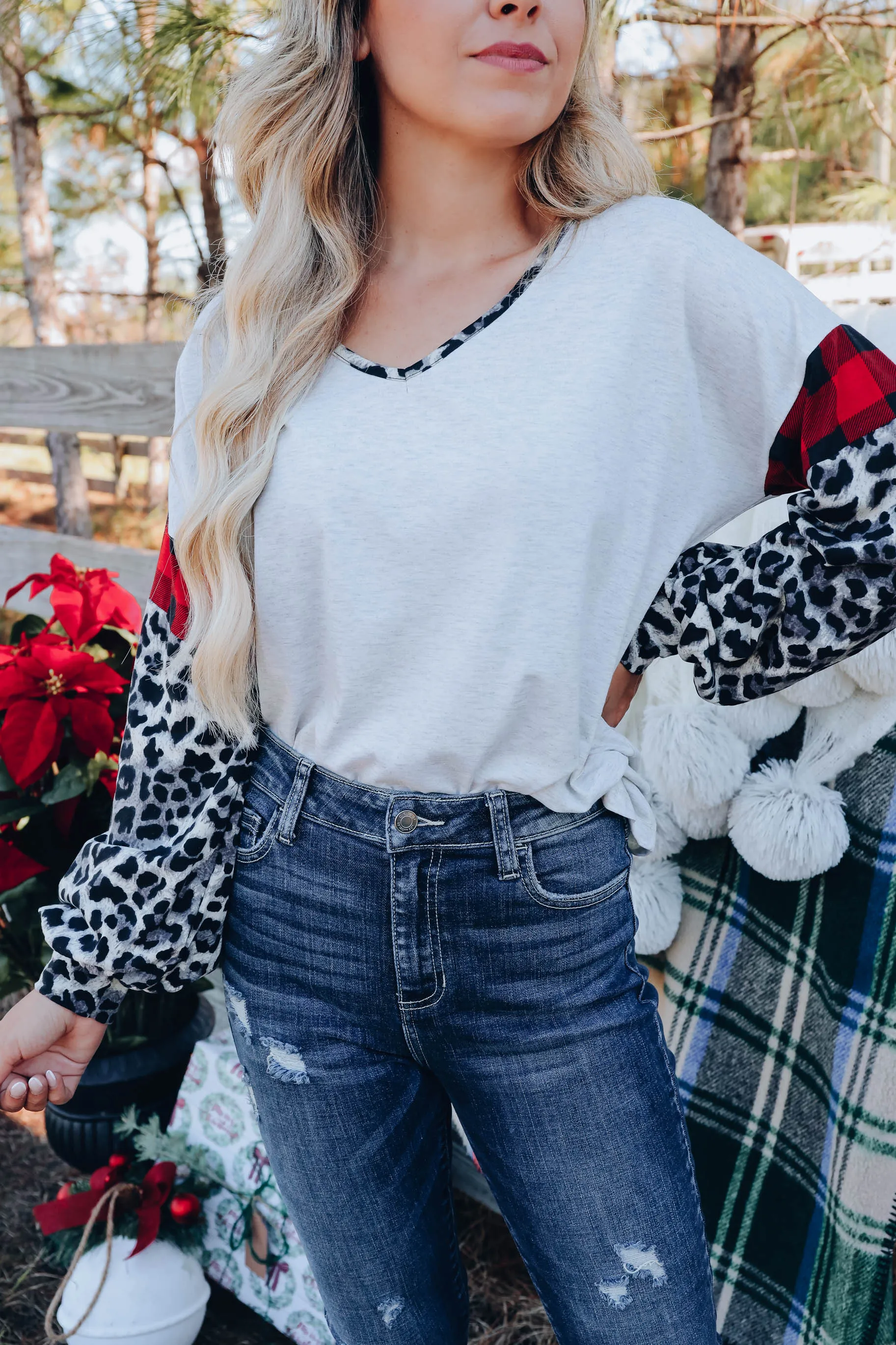 Fiercely Festive Leopard Sleeve Top - Grey