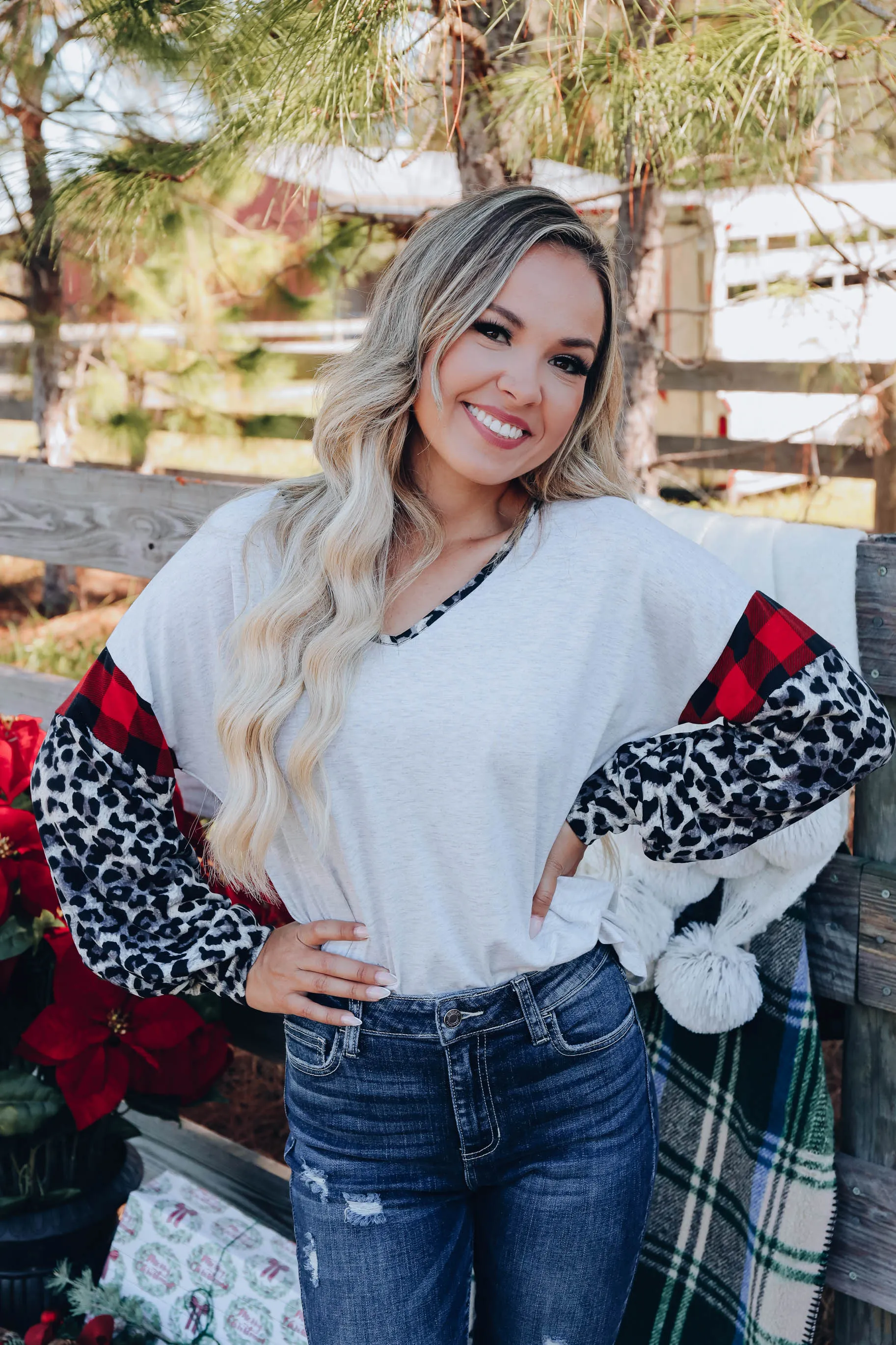 Fiercely Festive Leopard Sleeve Top - Grey