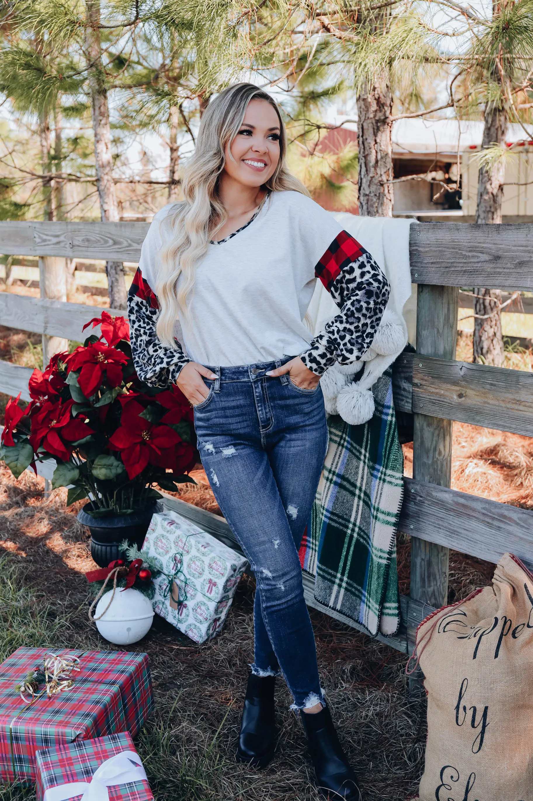 Fiercely Festive Leopard Sleeve Top - Grey