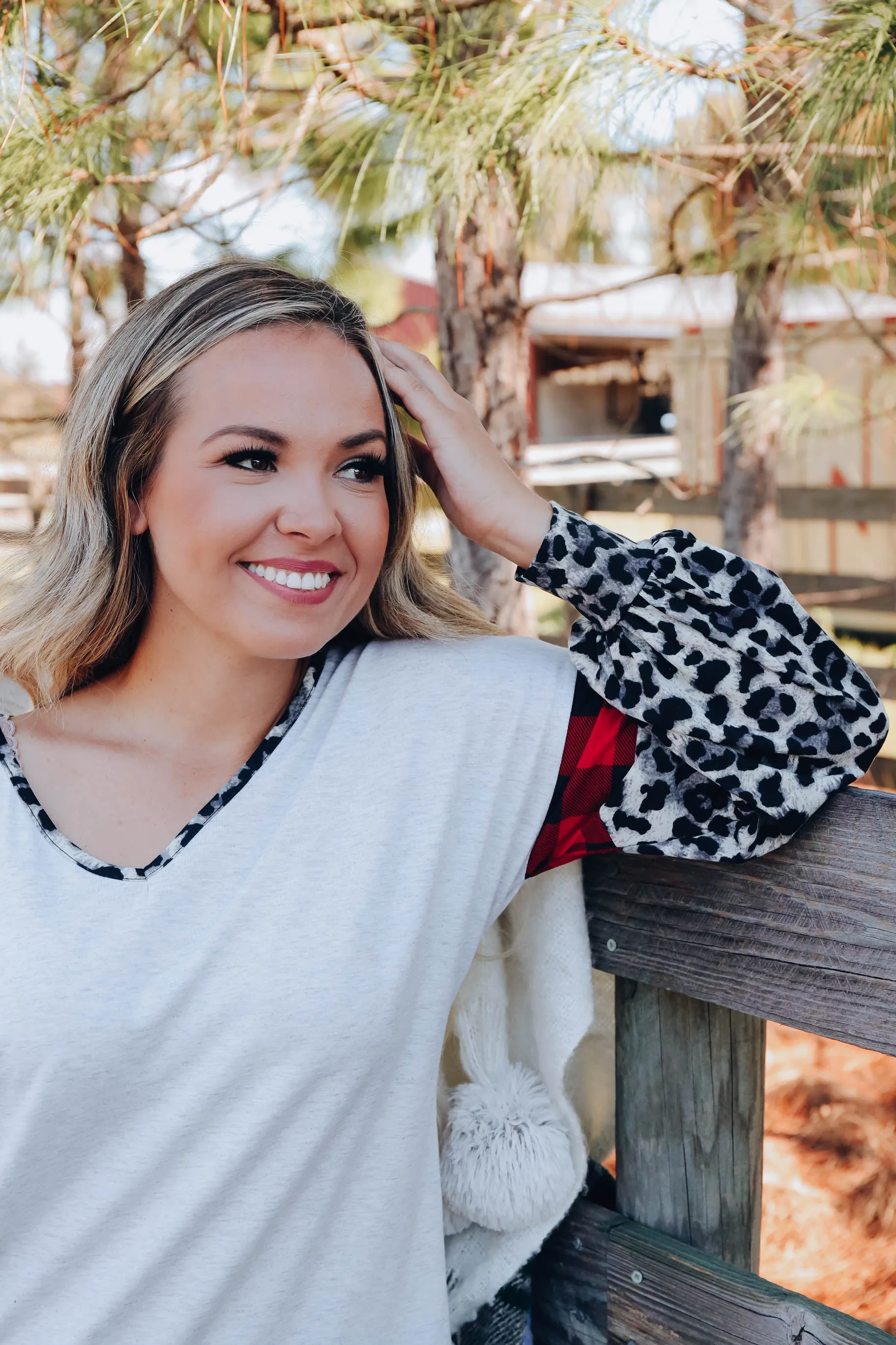 Fiercely Festive Leopard Sleeve Top - Grey