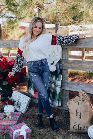 Fiercely Festive Leopard Sleeve Top - Grey