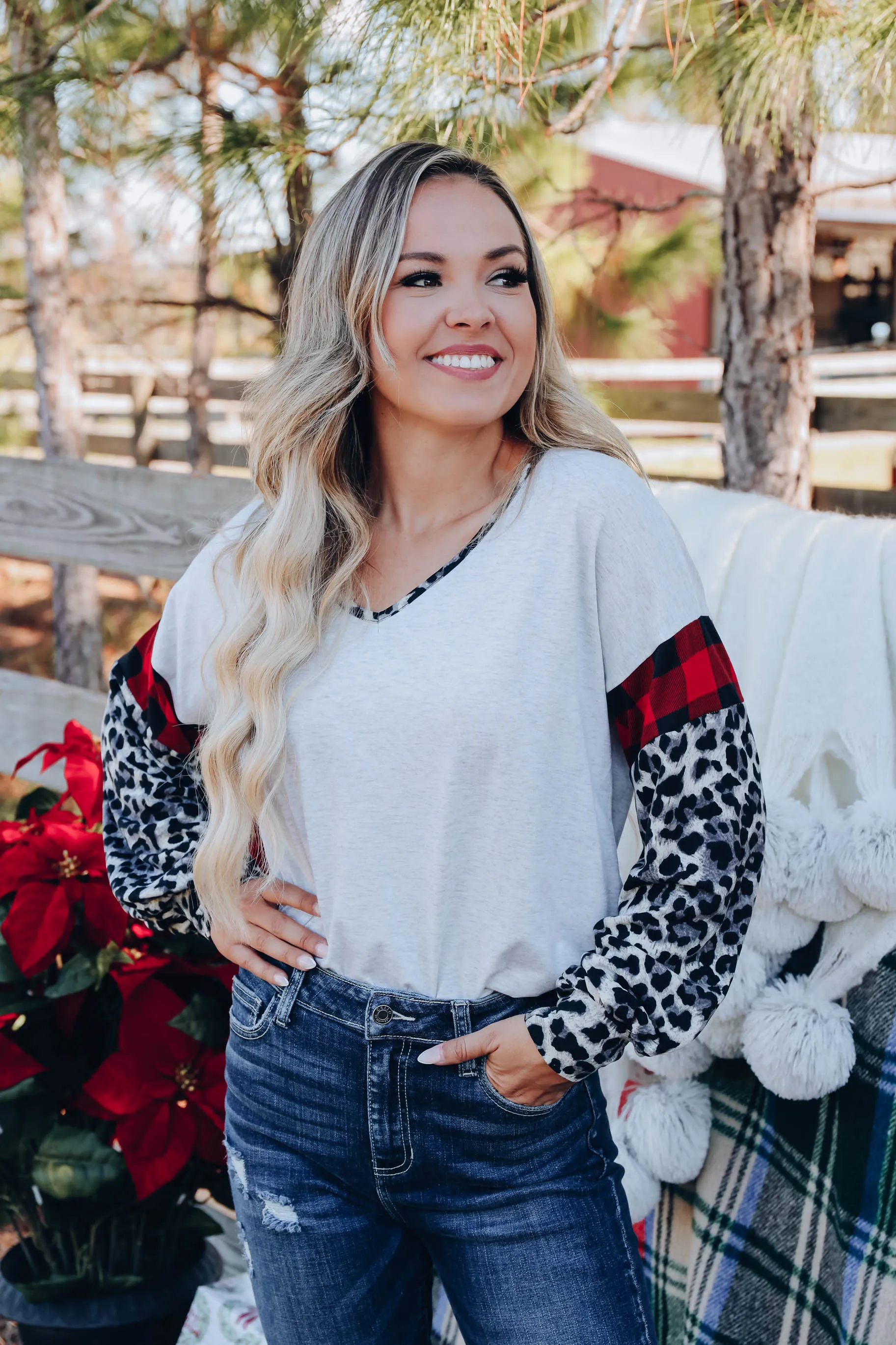 Fiercely Festive Leopard Sleeve Top - Grey