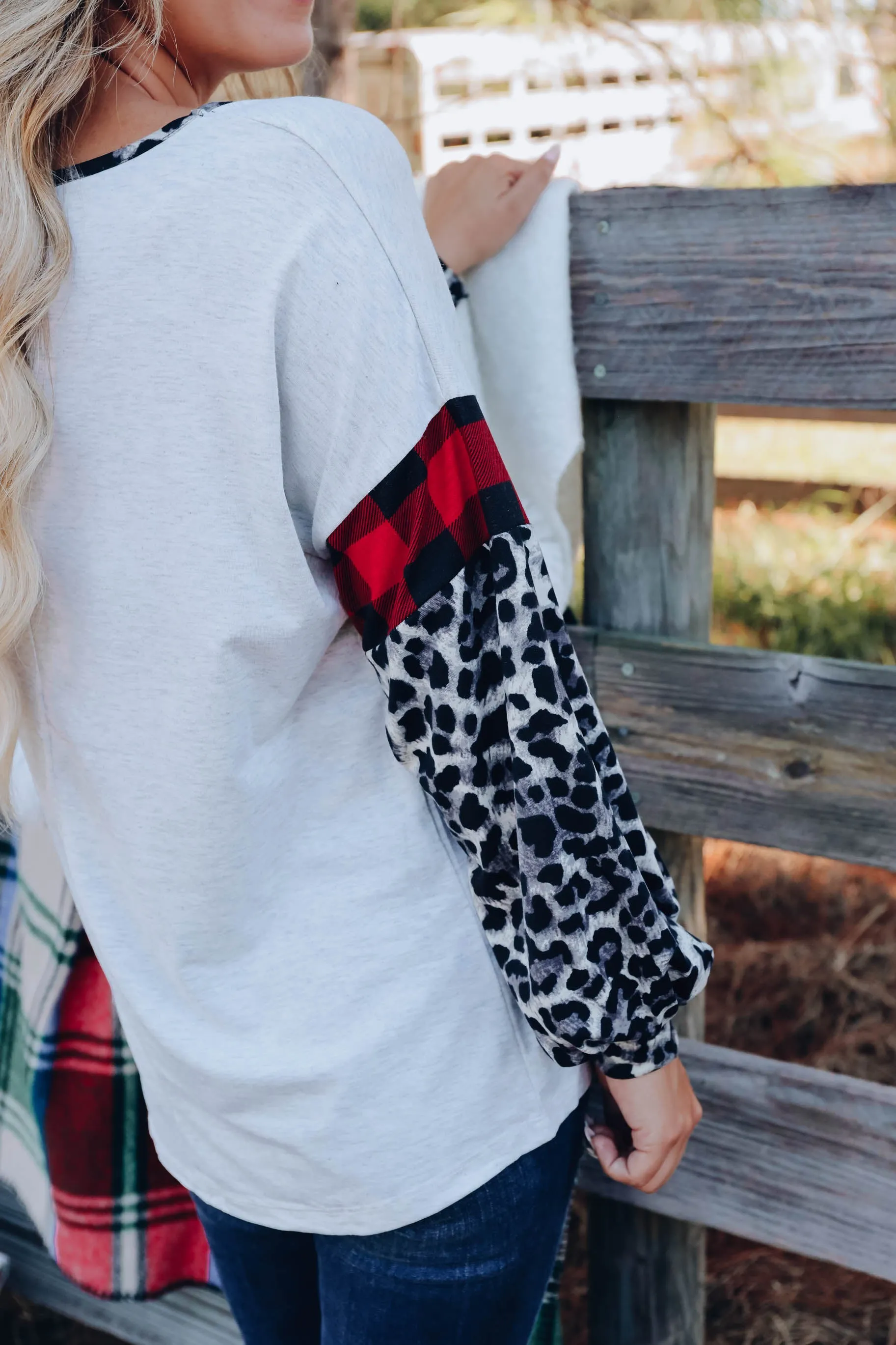 Fiercely Festive Leopard Sleeve Top - Grey