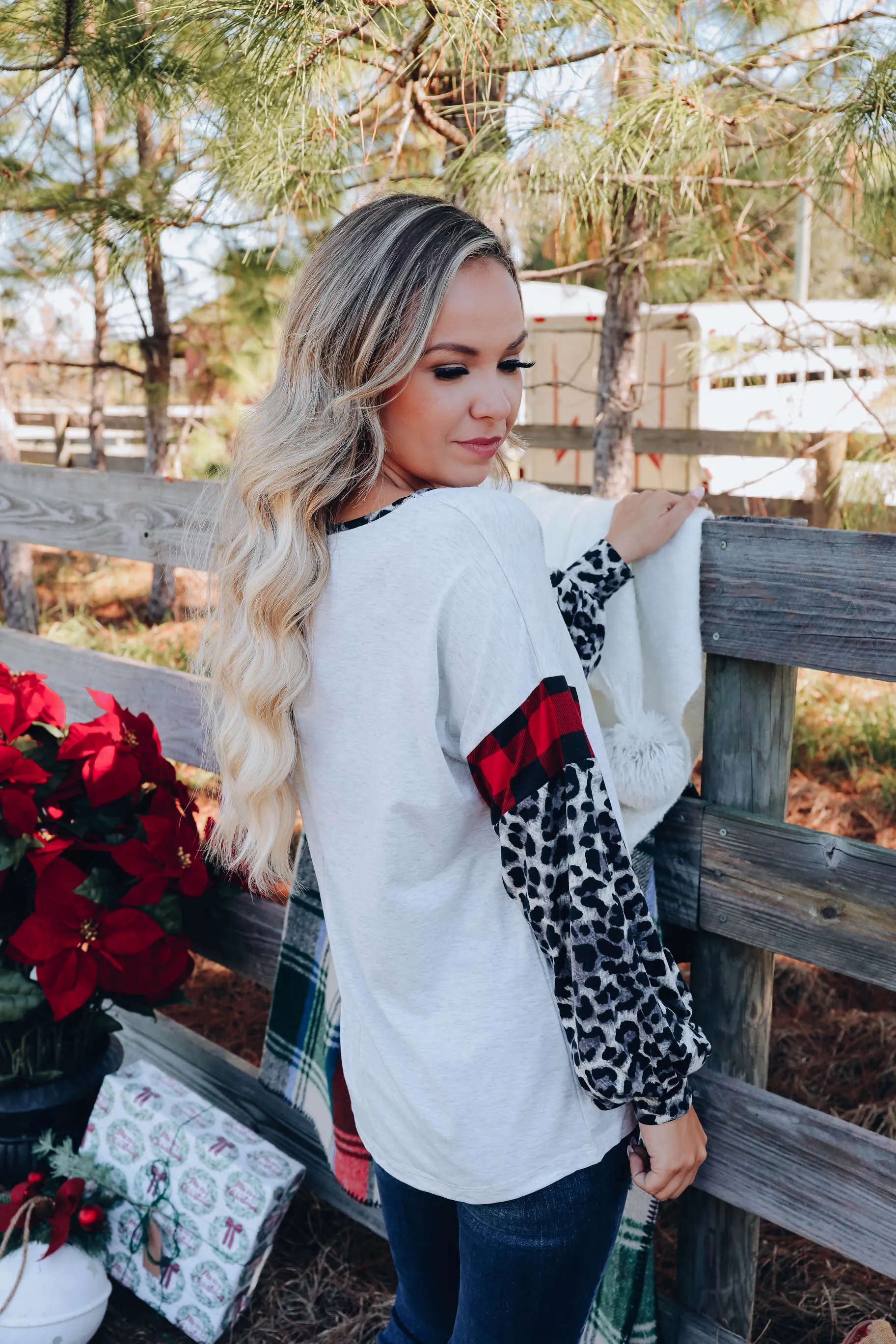 Fiercely Festive Leopard Sleeve Top - Grey