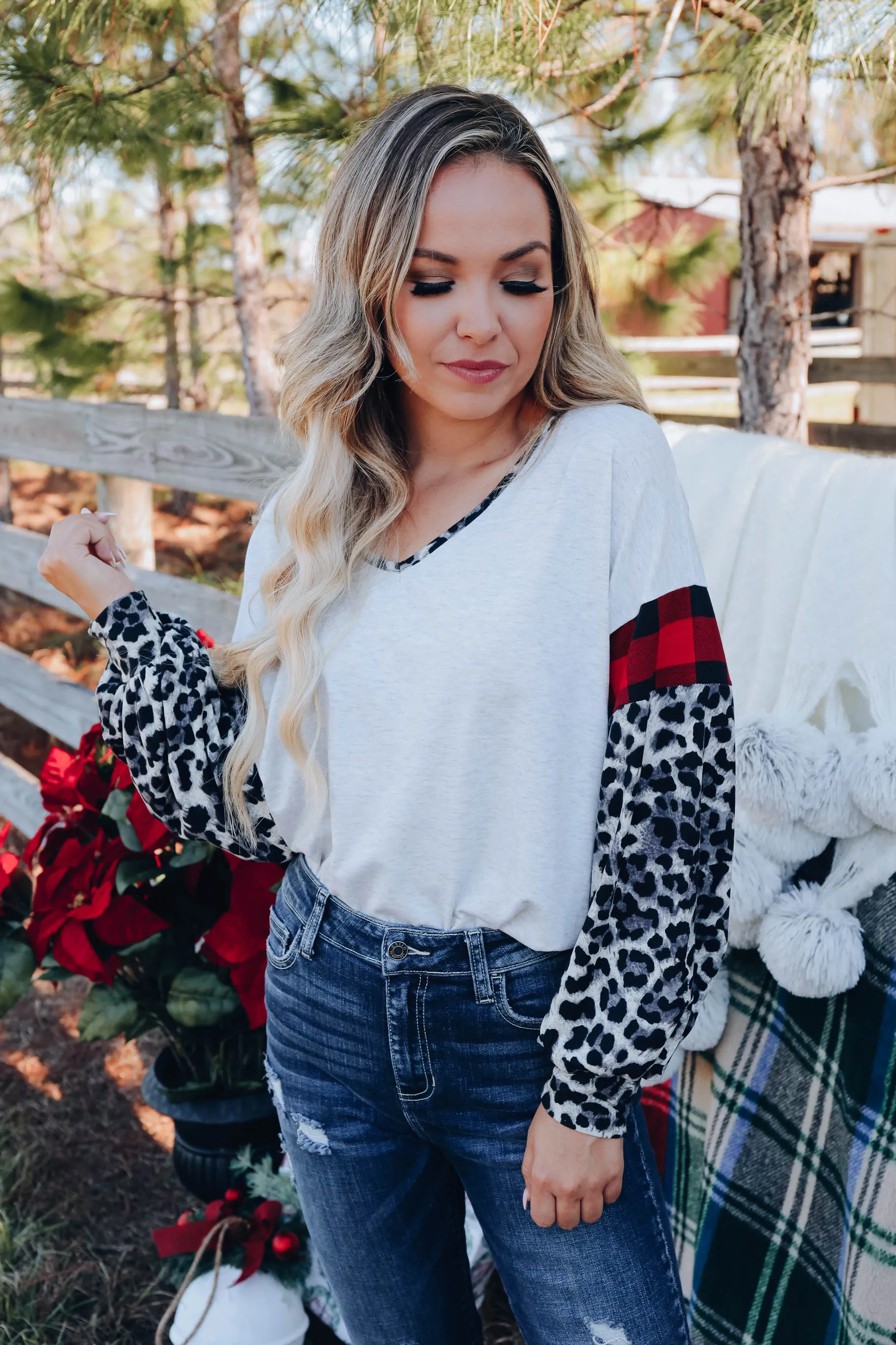Fiercely Festive Leopard Sleeve Top - Grey