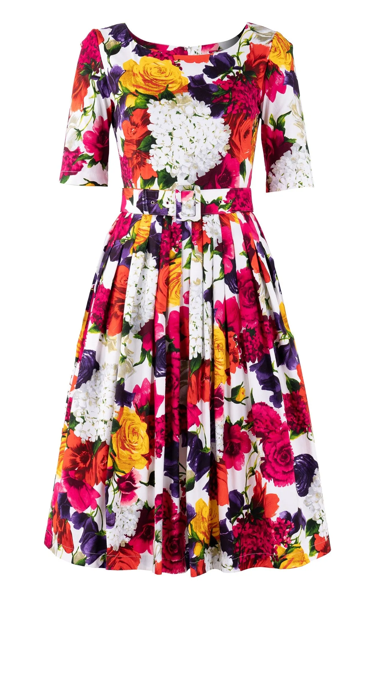 Florance Dress #2 Boat Neck 1/2 Sleeve Long Length Cotton Stretch (Zinnia Flower)