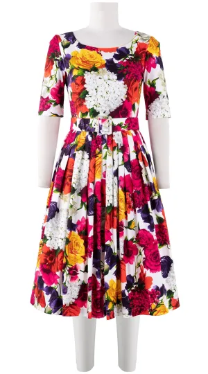 Florance Dress #2 Boat Neck 1/2 Sleeve Long Length Cotton Stretch (Zinnia Flower)