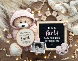 Girl Baby Gender Reveal Digital Image With Bear In Pink Outfit