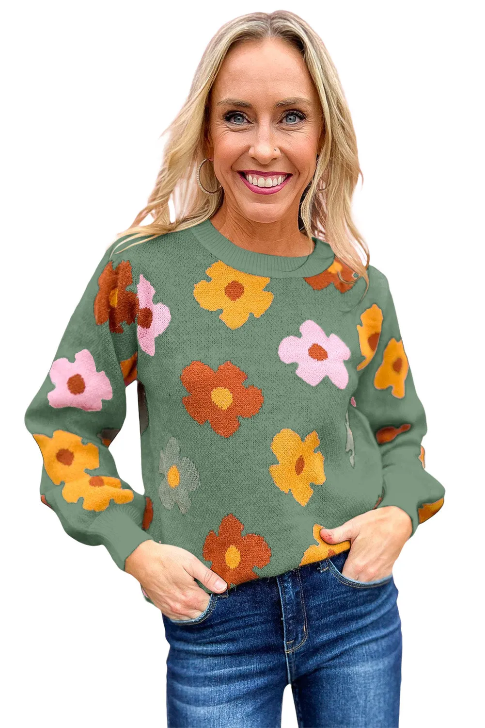Green White Sweet Flower Knitted Ribbed Hem Sweater