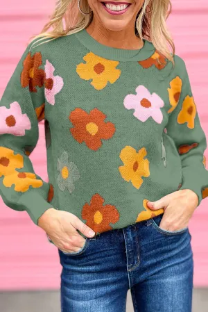 Green White Sweet Flower Knitted Ribbed Hem Sweater