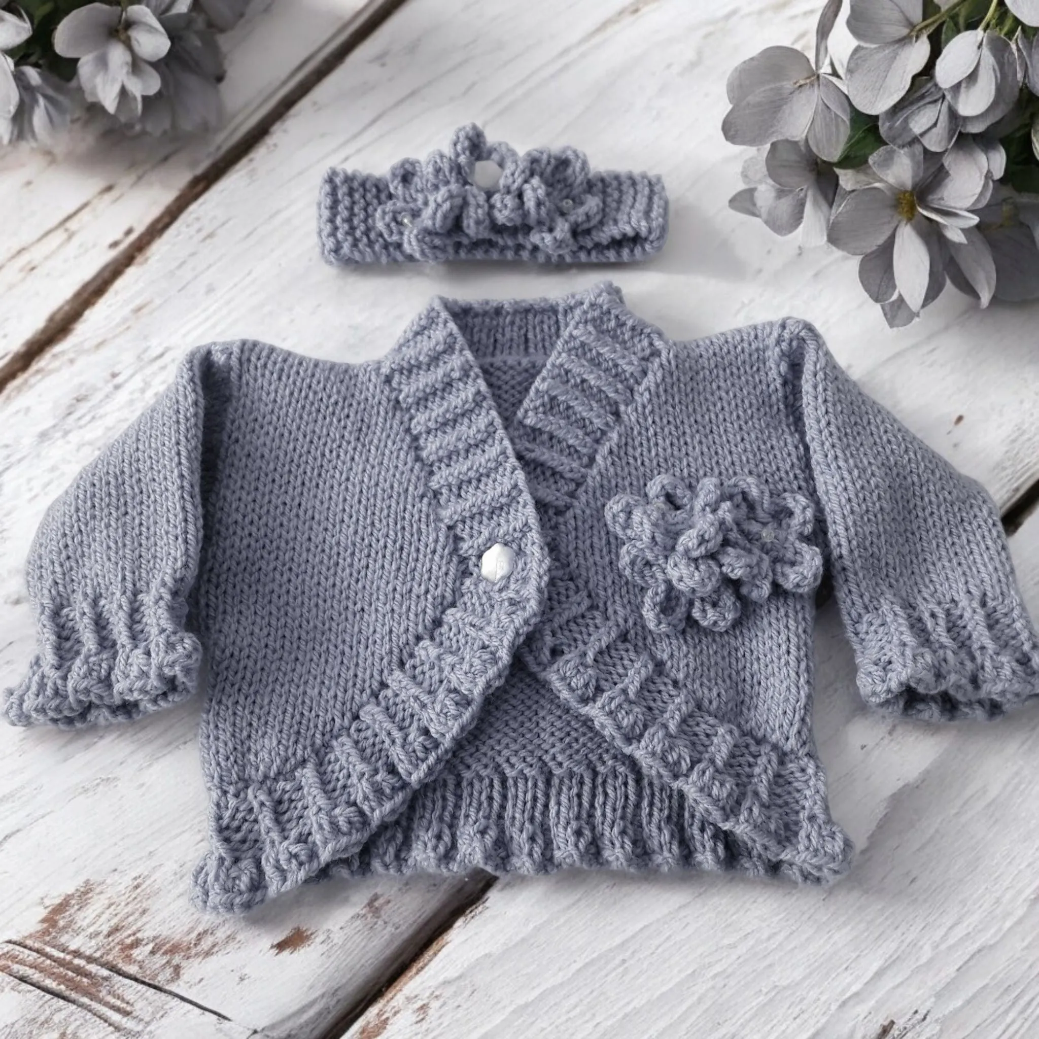 Hand Knitted Bolero Style Girls Cardigan with Knitted Flowers & Matching Headband – Perfect for Spring & Summer