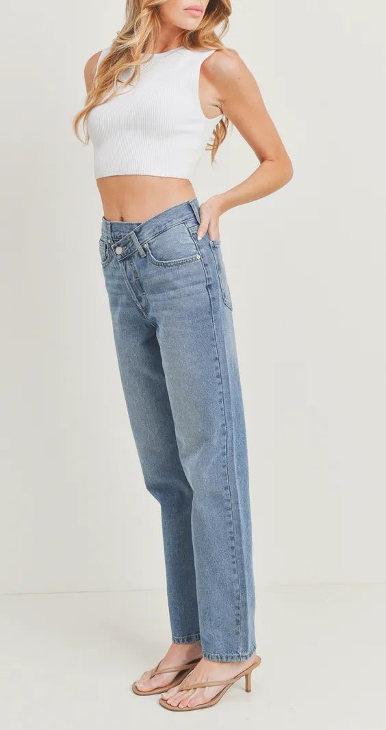 High Rise Criss Cross Straight Leg Jeans