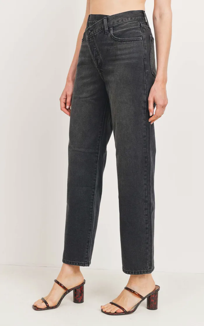 High Rise Criss Cross Straight Leg Jeans
