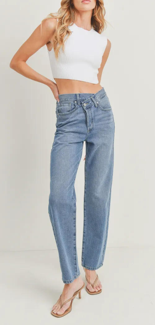 High Rise Criss Cross Straight Leg Jeans