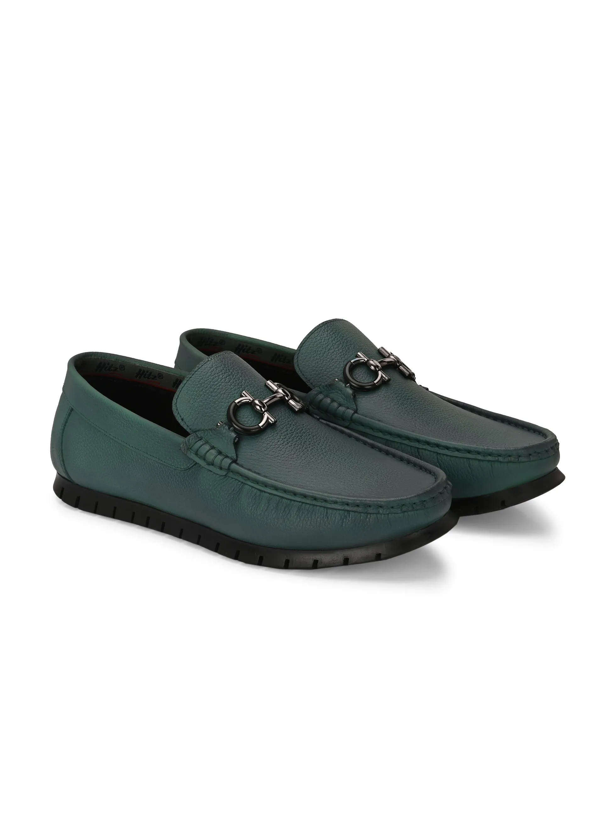 Hitz Men's Green Leather Casual Loafers