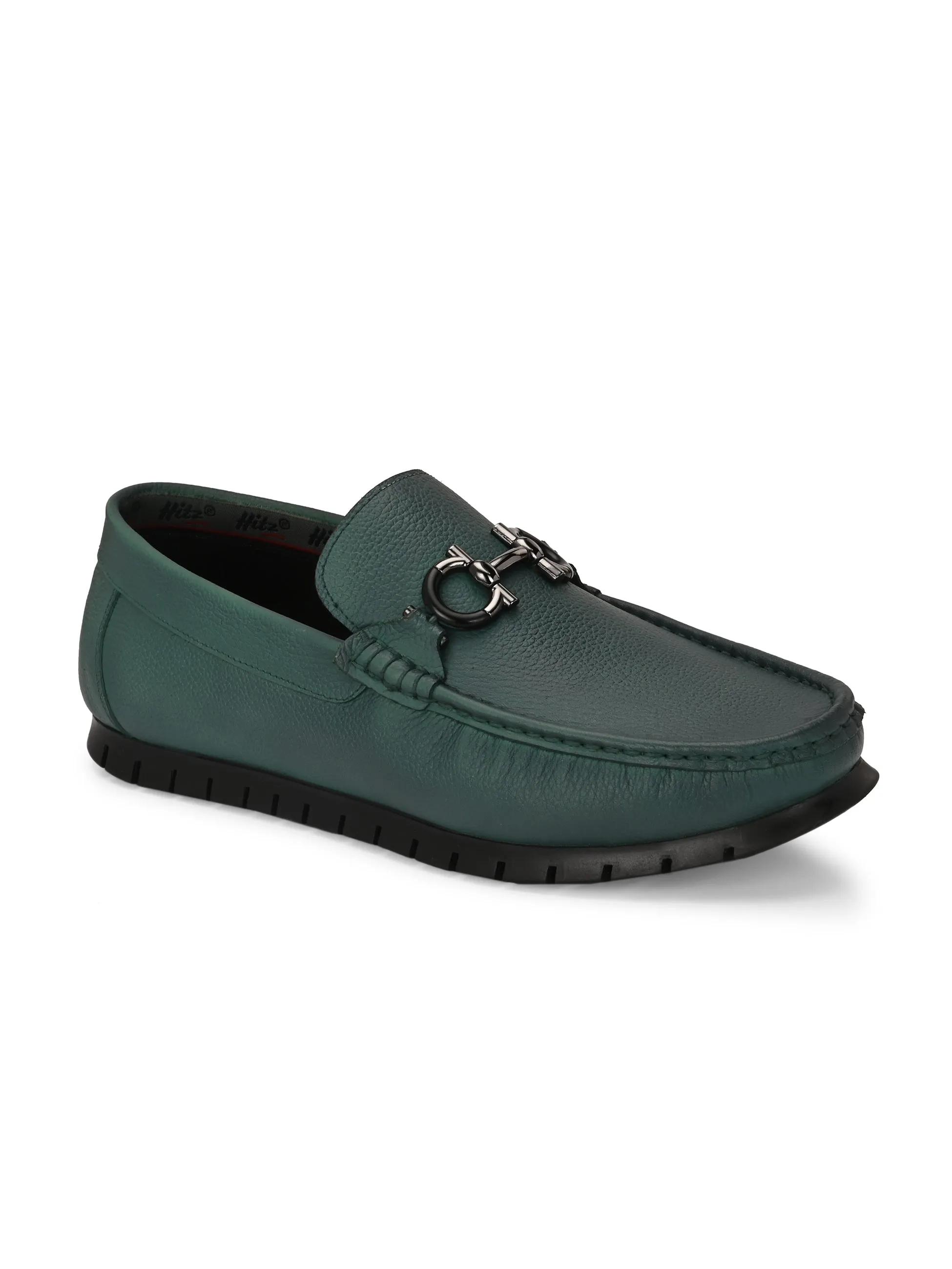 Hitz Men's Green Leather Casual Loafers