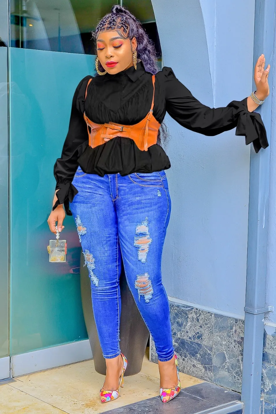 Jowella- Bubble Detail Blouse with Vest SET(NEW)