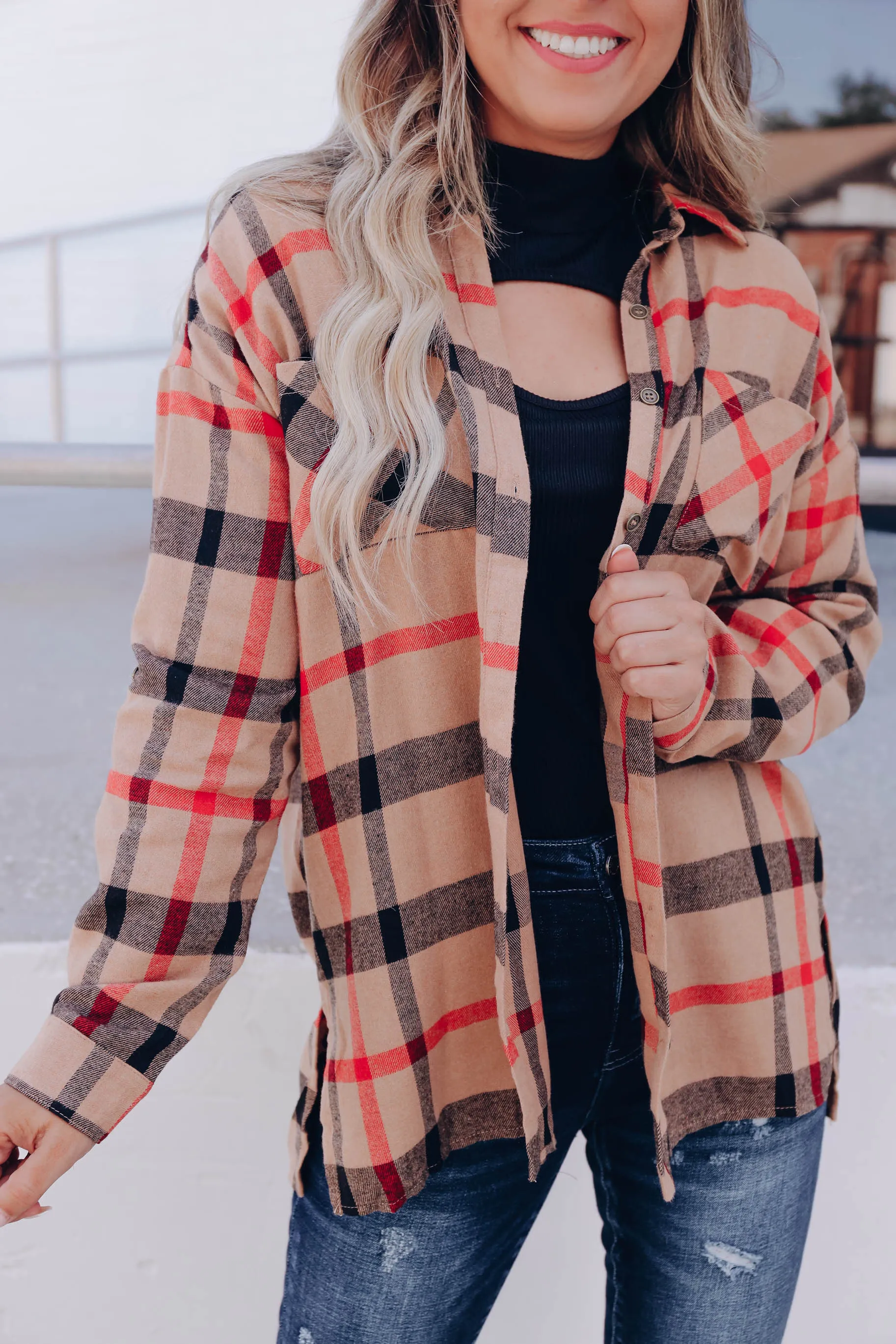 Joyful Plaid Flannel Shirt- Tan
