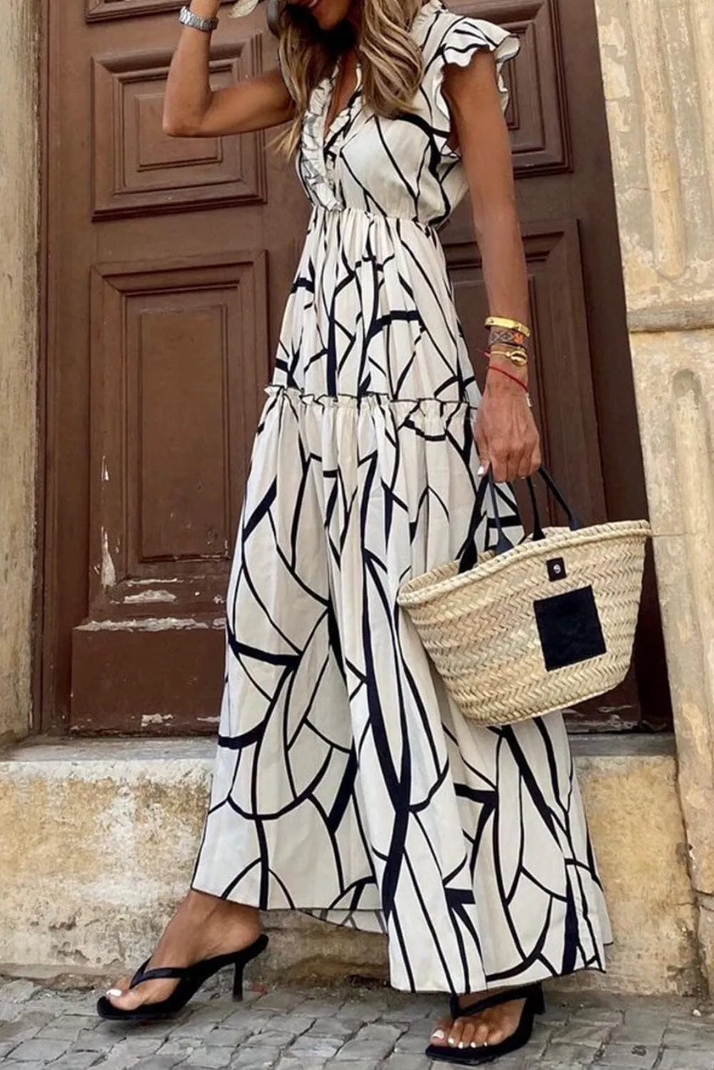 KaleaBoutique Stylish Beautiful Abstract Vein Print V Neck Ruffle Maxi Dress
