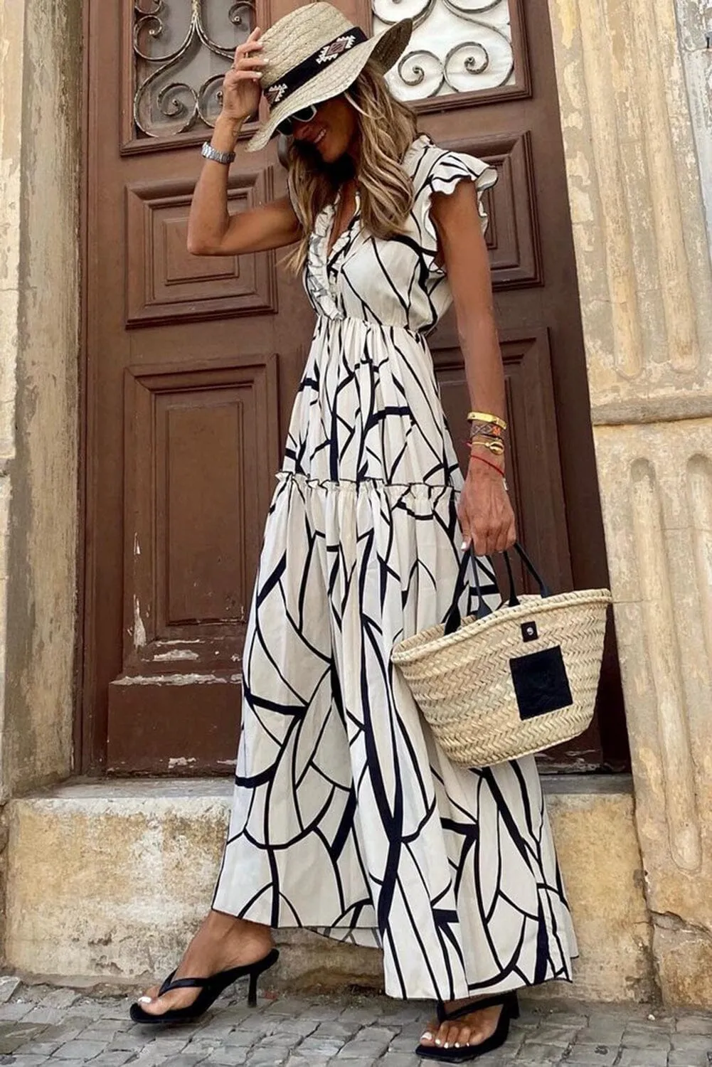 KaleaBoutique Stylish Beautiful Abstract Vein Print V Neck Ruffle Maxi Dress