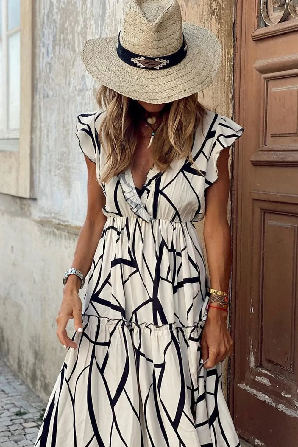 KaleaBoutique Stylish Beautiful Abstract Vein Print V Neck Ruffle Maxi Dress