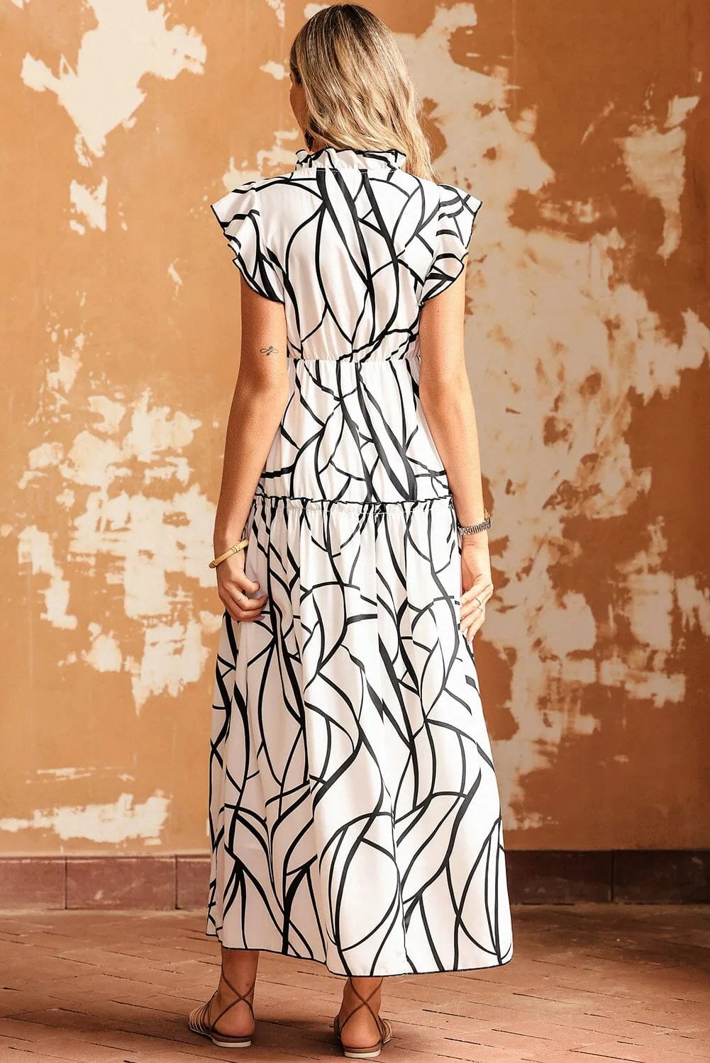 KaleaBoutique Stylish Beautiful Abstract Vein Print V Neck Ruffle Maxi Dress