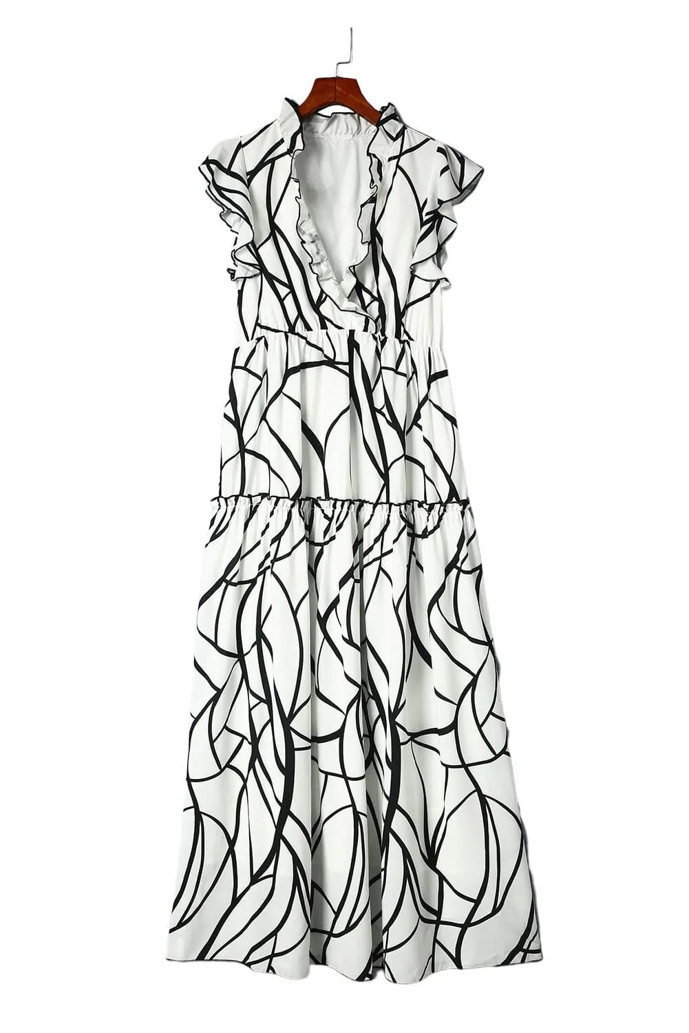 KaleaBoutique Stylish Beautiful Abstract Vein Print V Neck Ruffle Maxi Dress