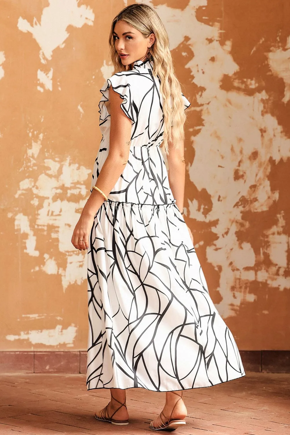 KaleaBoutique Stylish Beautiful Abstract Vein Print V Neck Ruffle Maxi Dress