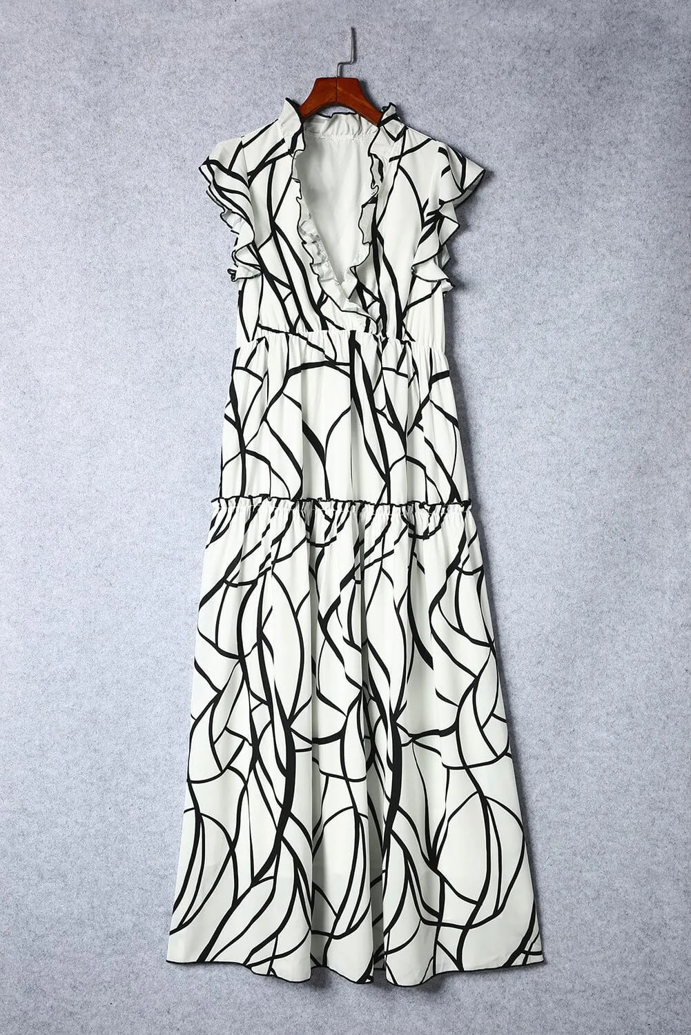 KaleaBoutique Stylish Beautiful Abstract Vein Print V Neck Ruffle Maxi Dress