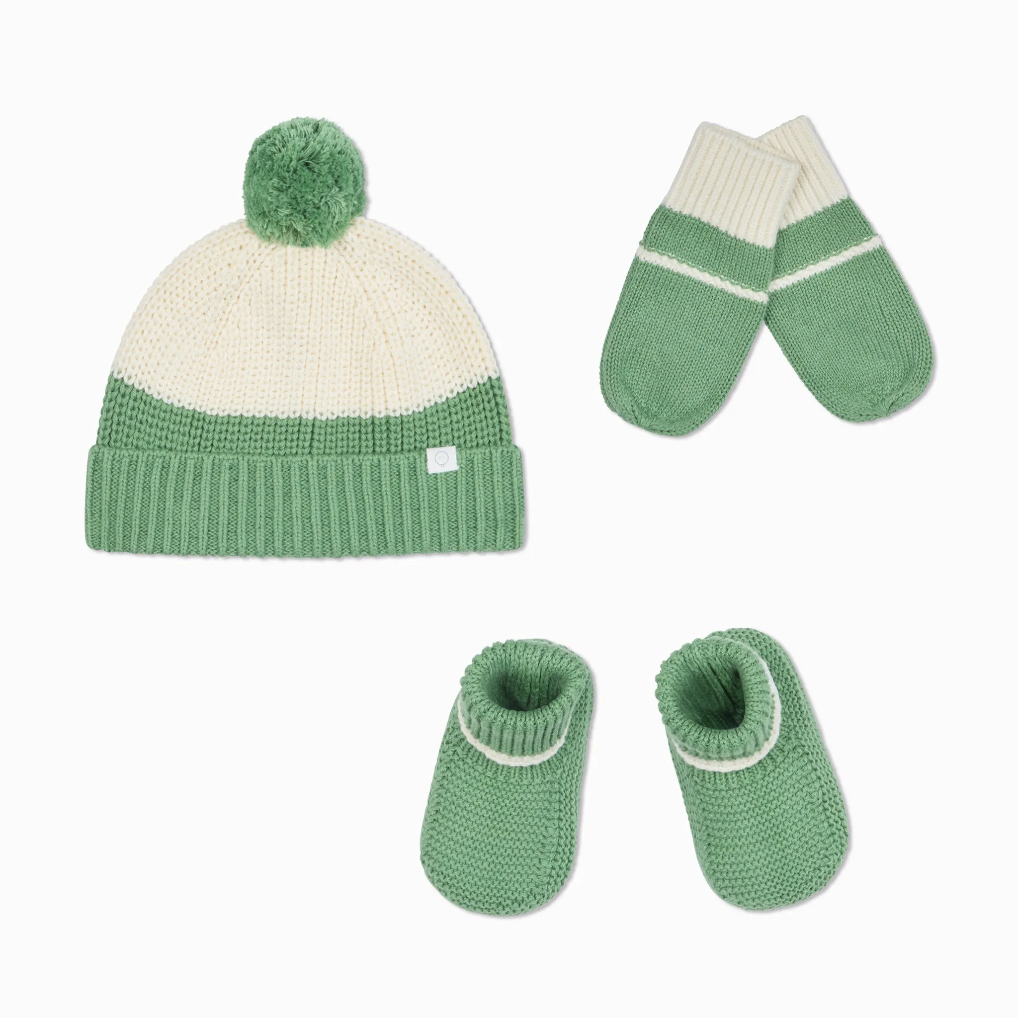 Knitted Colourblock Beanie, Mittens & Booties
