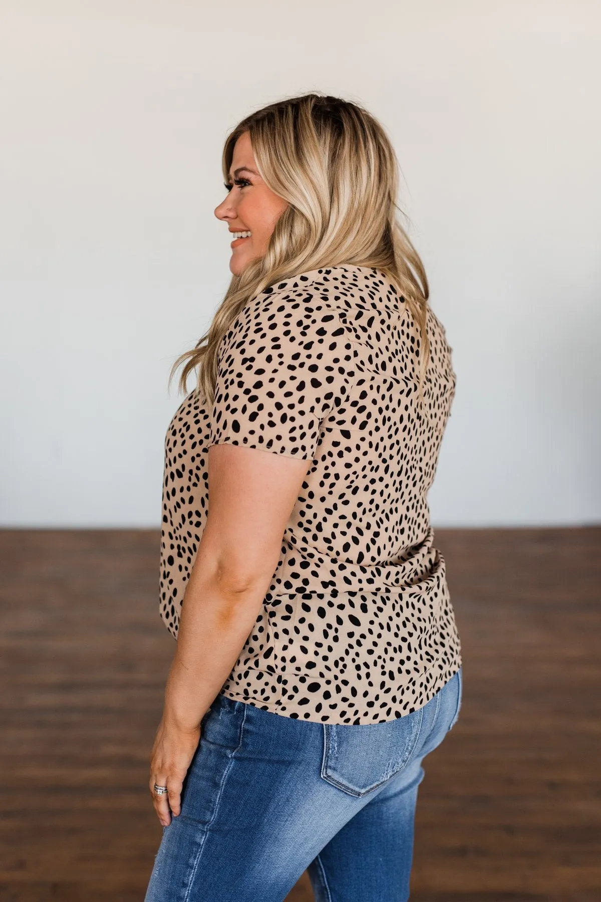 Like It Like That Spotted Button Top- Tan