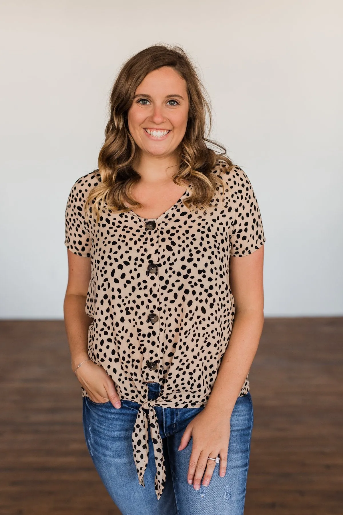 Like It Like That Spotted Button Top- Tan