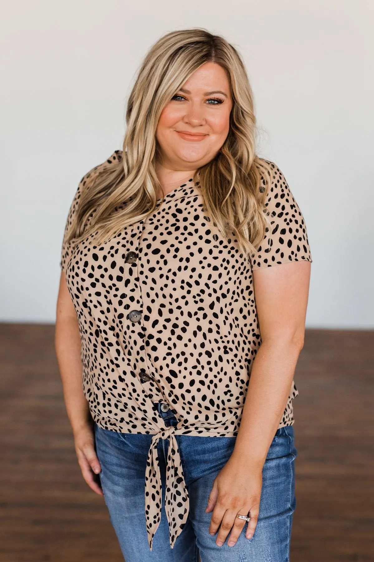 Like It Like That Spotted Button Top- Tan
