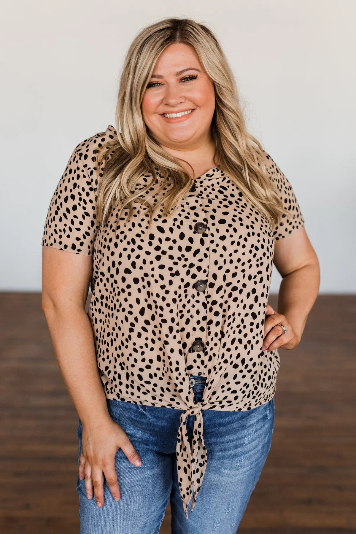 Like It Like That Spotted Button Top- Tan