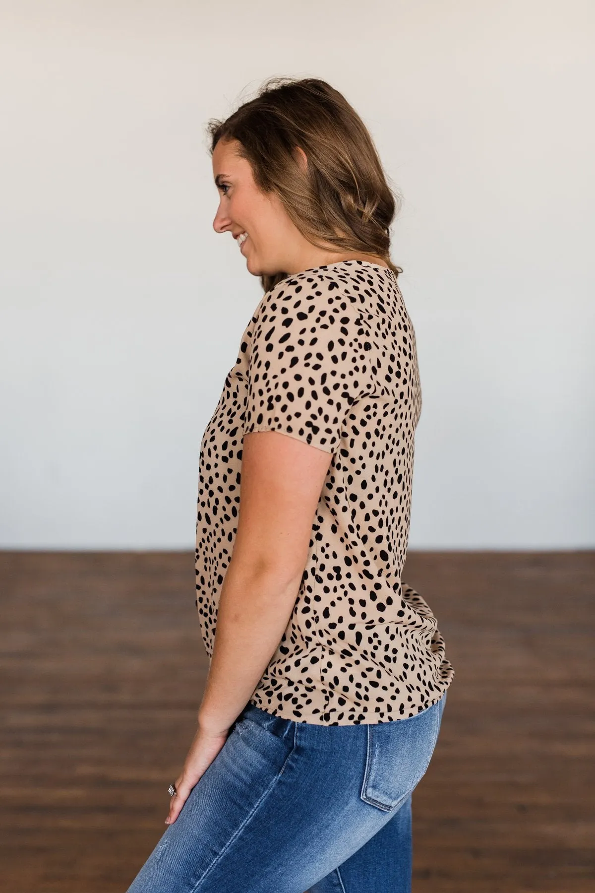 Like It Like That Spotted Button Top- Tan