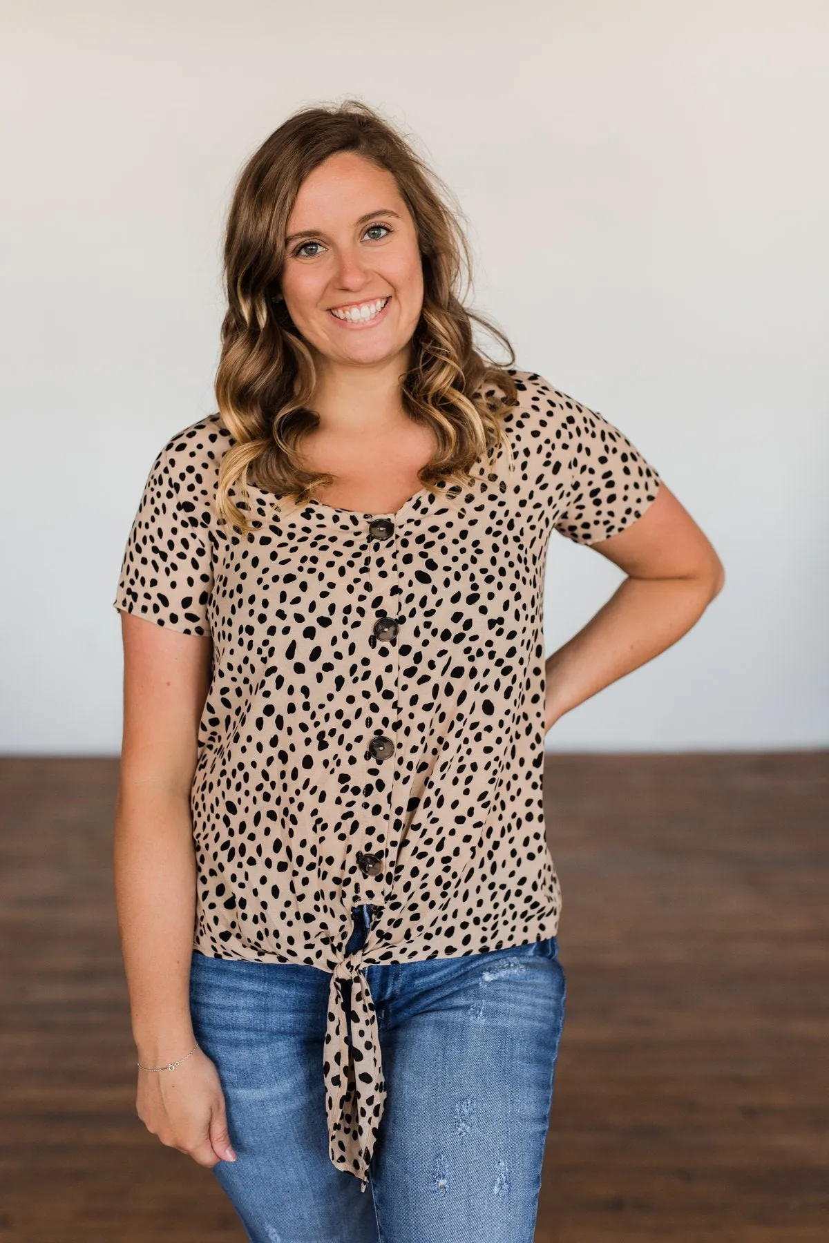 Like It Like That Spotted Button Top- Tan