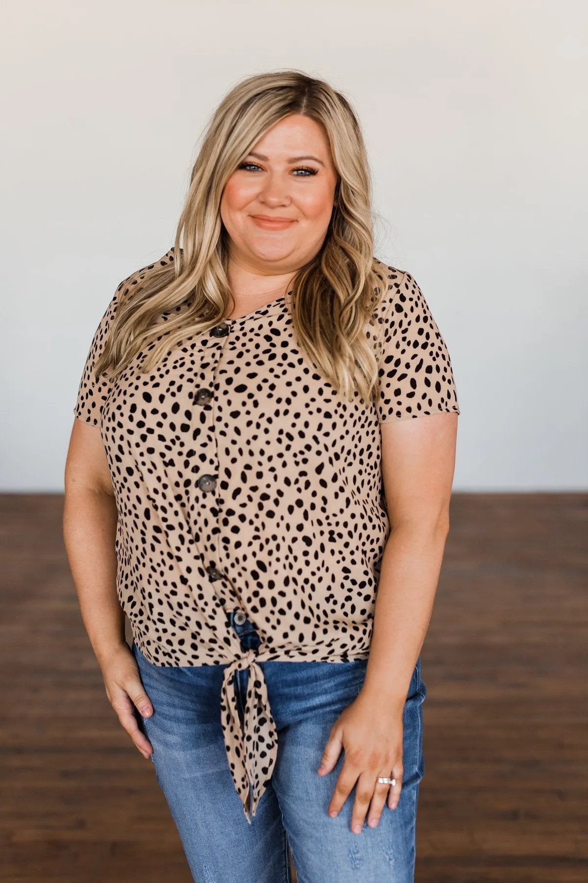 Like It Like That Spotted Button Top- Tan