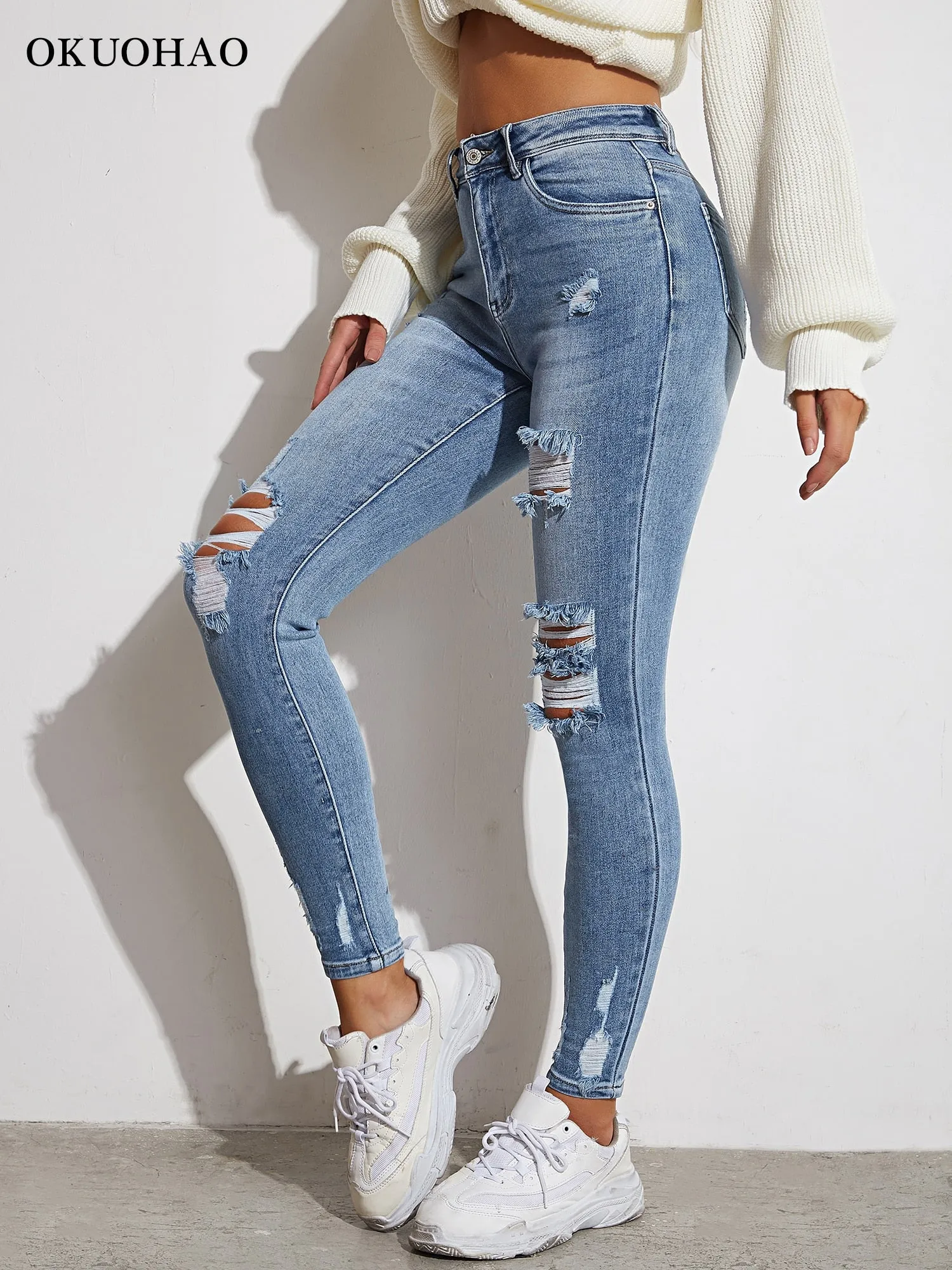 ModStreet Stylish Light Blue Ripped Distressed Jeans Slim/Tight Fit Stretch Material