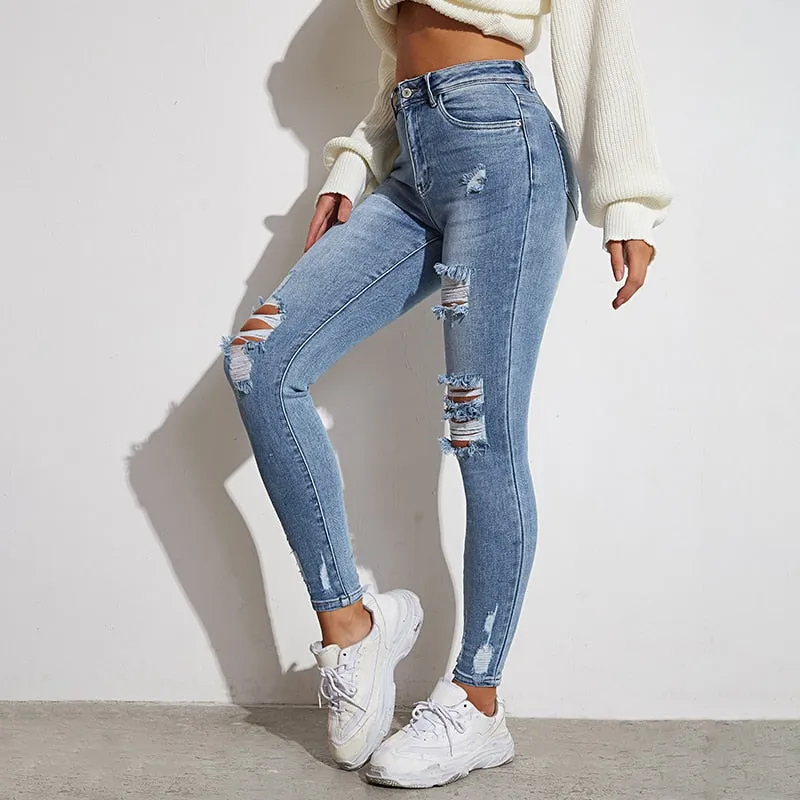 ModStreet Stylish Light Blue Ripped Distressed Jeans Slim/Tight Fit Stretch Material