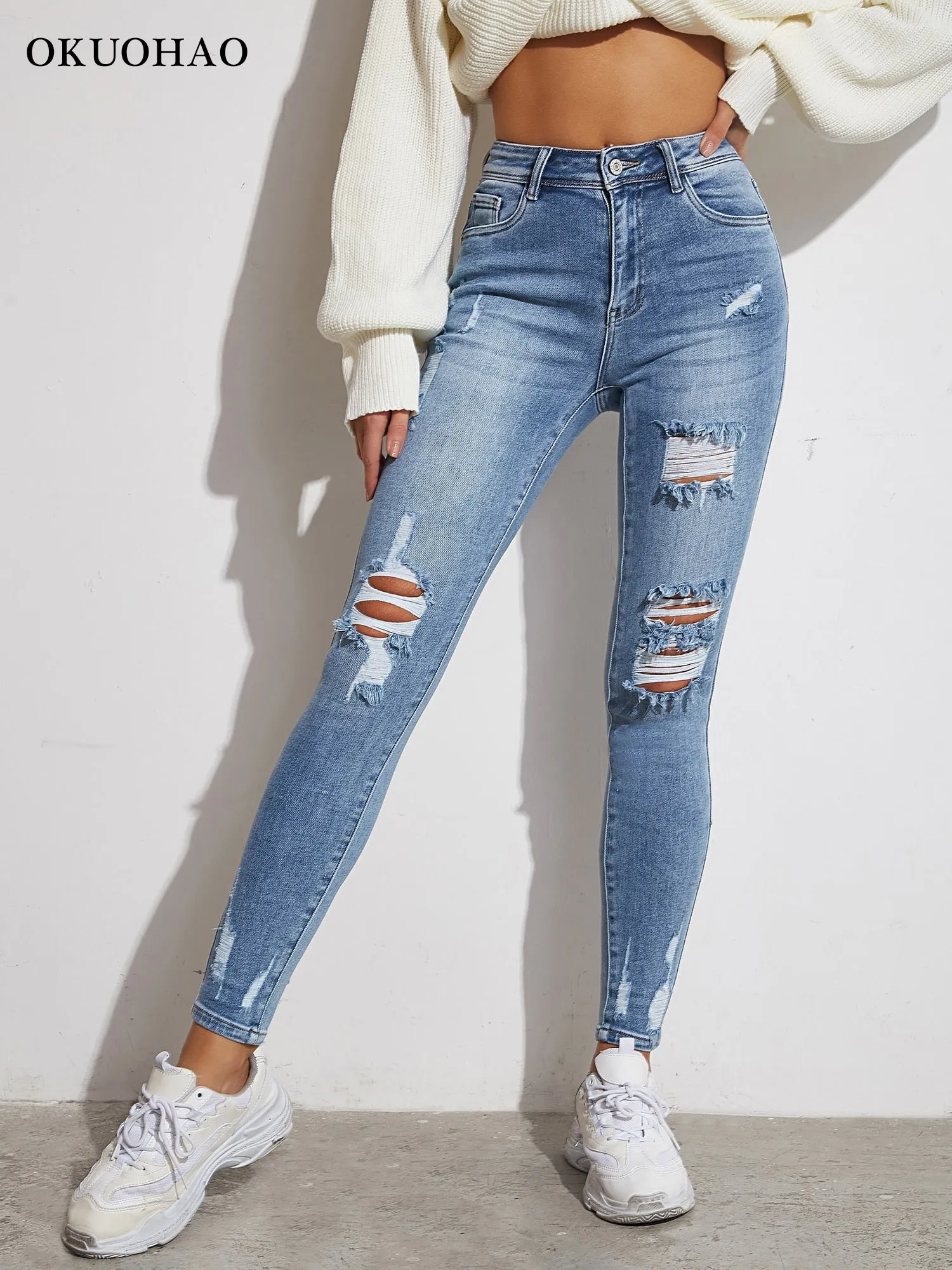 ModStreet Stylish Light Blue Ripped Distressed Jeans Slim/Tight Fit Stretch Material